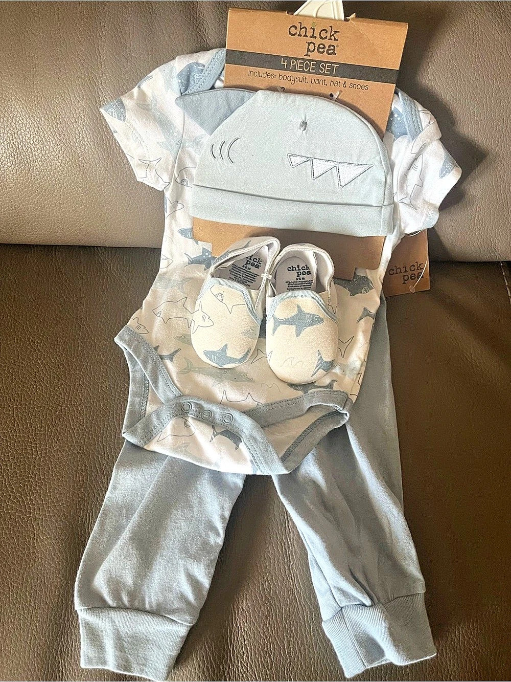 NWT Chickpea 4-Piece Baby Shark Outfit Set - Bodysuit, Pants, Hat, Shoes 3-6M